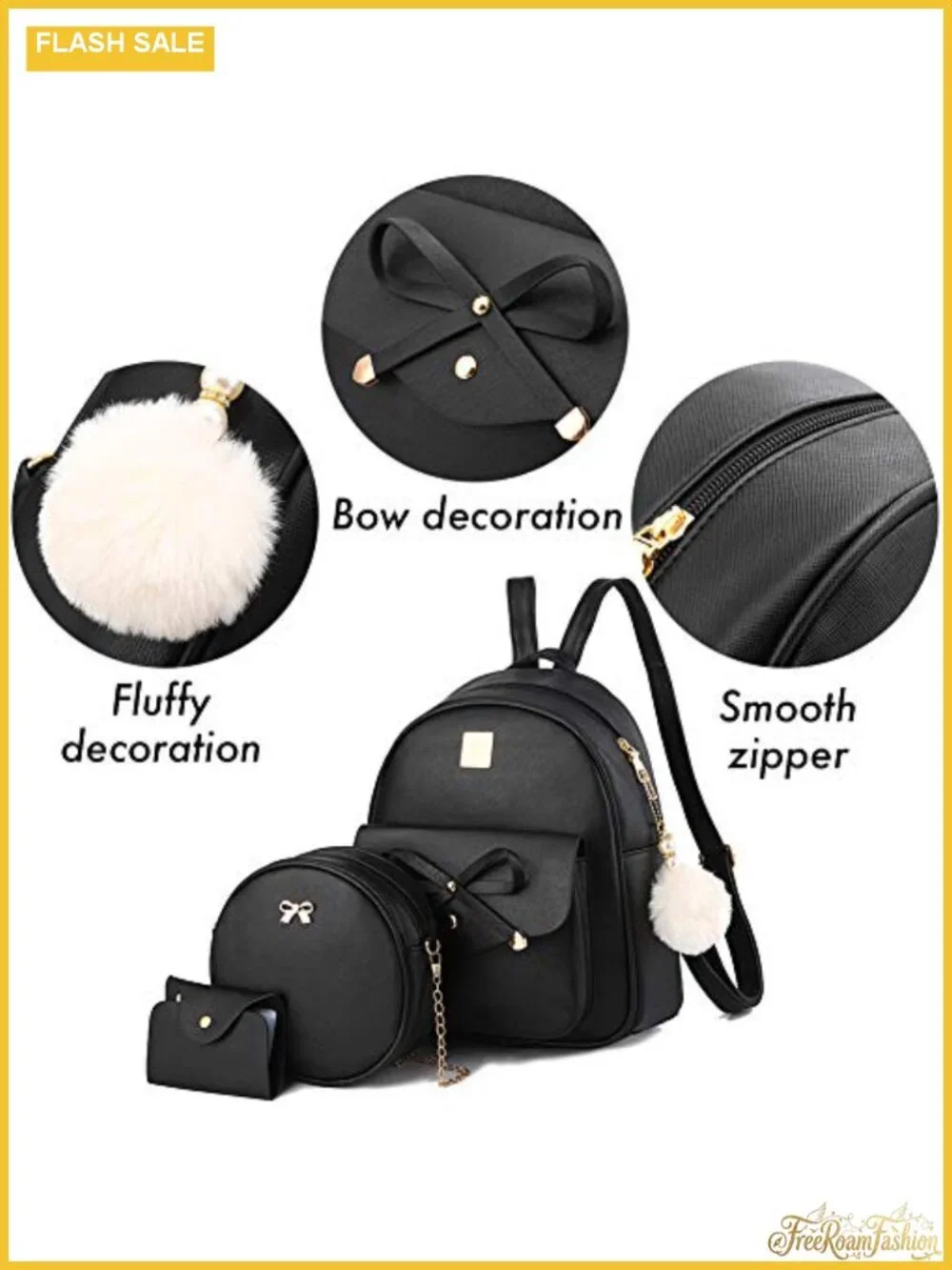 PU Leather Bowknot Fashion Backpack Women Rucksack Ladies Shoulder Bag 3-Piece
